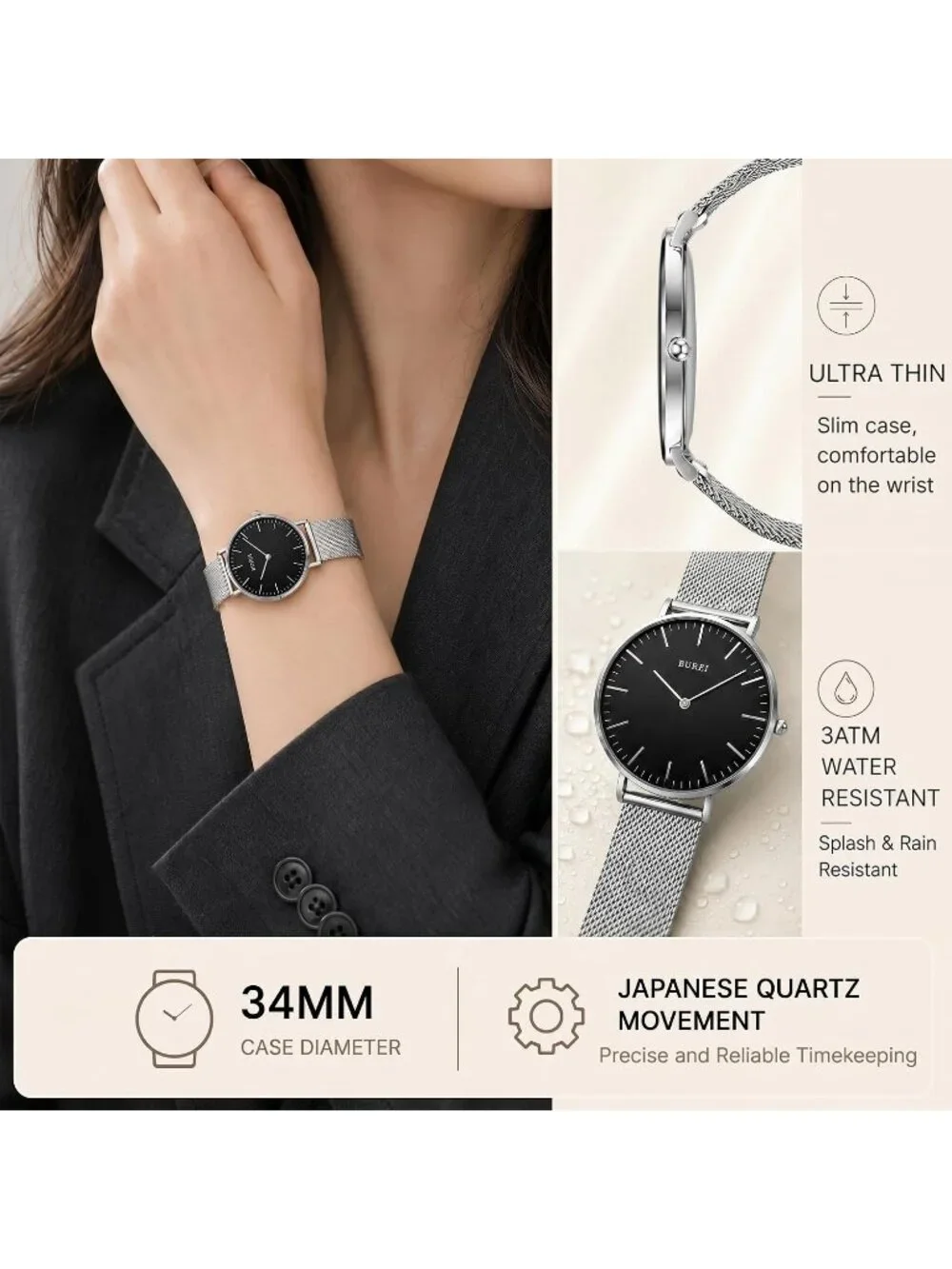 Women's Black Silver Minimalist Analog Quartz Waterproof Dress Wrist Watches